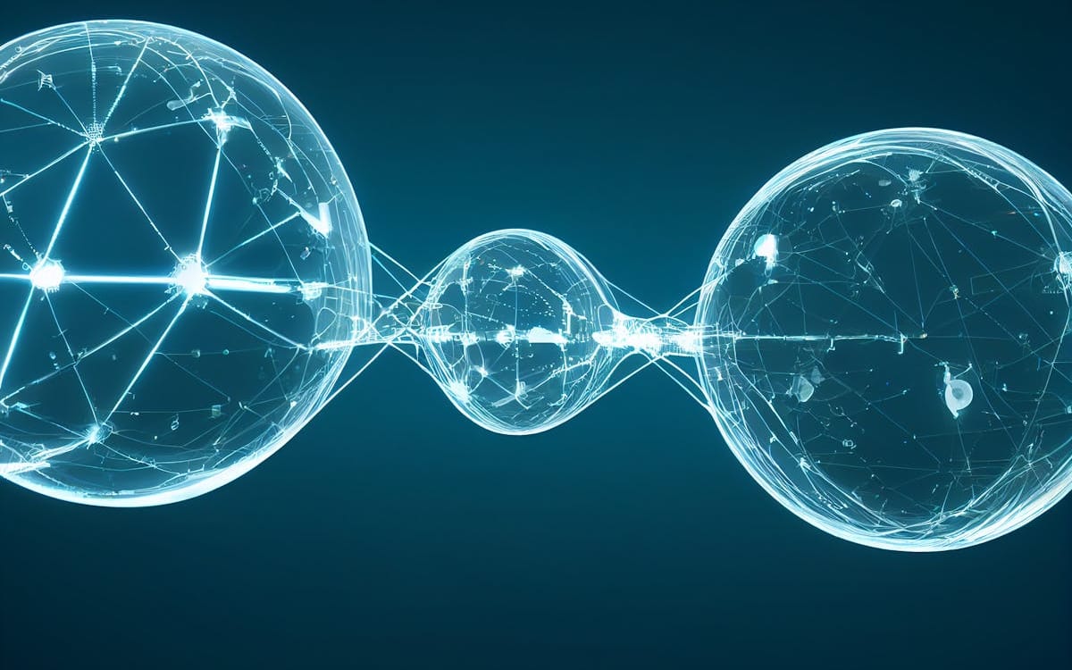 Glowing abstract spheres linked by bright network lines on a deep blue background — representing a borderless, multi-currency digital business